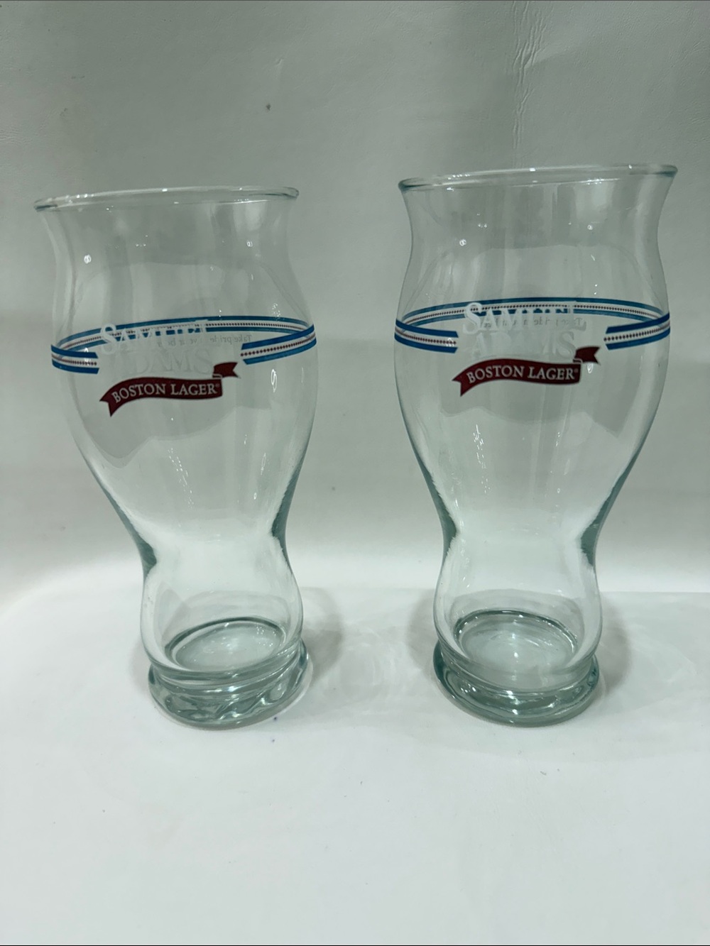 Sam Adams Boston Lager 2 Clear Glasses Beer Bar Draft Draught Blue & Red 24 Oz